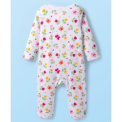 Babyhug Cotton Knit Full Sleeves Footed Sleepsuit With Floral Print - White