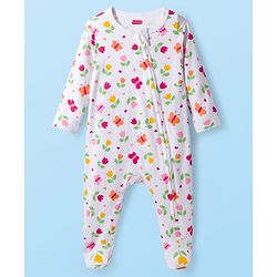 Babyhug Cotton Knit Full Sleeves Footed Sleepsuit With Floral Print - White