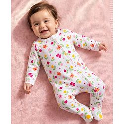 Babyhug Cotton Knit Full Sleeves Footed Sleepsuit With Floral Print - White