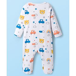 Babyhug Cotton Knit Full Sleeves Footed Sleepsuit With Vehicle Print - White