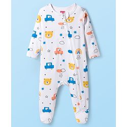 Babyhug Cotton Knit Full Sleeves Footed Sleepsuit With Vehicle Print - White