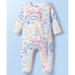 Babyhug Cotton Knit Full Sleeves Footed Sleepsuit With Animal Print - White