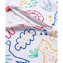 Babyhug Cotton Knit Full Sleeves Footed Sleepsuit With Animal Print - White