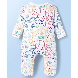 Babyhug Cotton Knit Full Sleeves Footed Sleepsuit With Animal Print - White
