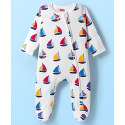Babyhug Cotton Knit Full Sleeves Footed Sleepsuit With Nautical Theme Print - White