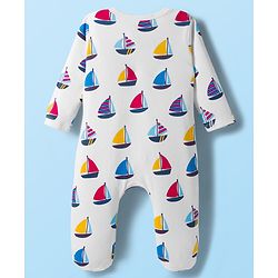 Babyhug Cotton Knit Full Sleeves Footed Sleepsuit With Nautical Theme Print - White
