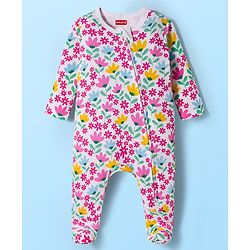 Babyhug Cotton Knit Full Sleeves Footed Sleepsuit With Floral Print - White & Pink