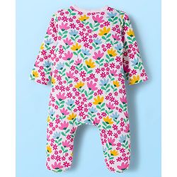 Babyhug Cotton Knit Full Sleeves Footed Sleepsuit With Floral Print - White & Pink