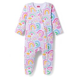 Babyhug Cotton Knit Full Sleeves Sleepsuit With Rainbow Print - White