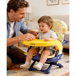 Babyhug 2 in 1 Kids Feeding Chair & Booster Chair with Removable Tray & Seat Cushion - Yellow| Adjustable Height| Safety Harness| Foldable Legs| Non Slip Base| Easy to Clean| Durable Built