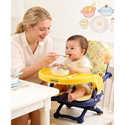 Babyhug 2 in 1 Kids Feeding Chair & Booster Chair with Removable Tray & Seat Cushion - Yellow| Adjustable Height| Safety Harness| Foldable Legs| Non Slip Base| Easy to Clean| Durable Built