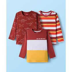 Babyhug 100% Cotton Knit Full Sleeves T-Shirts with Stripes & Animal Print Pack of 3 - White & Brown