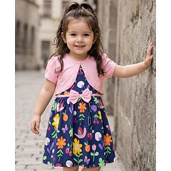 Babyhug Single Jersey Knit Floral Printed Frock with Half Sleeves Shrug & Bow Applique - Pink & Navy Blue