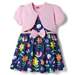 Babyhug Single Jersey Knit Floral Printed Frock with Half Sleeves Shrug & Bow Applique - Pink & Navy Blue