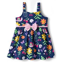 Babyhug Single Jersey Knit Floral Printed Frock with Half Sleeves Shrug & Bow Applique - Pink & Navy Blue