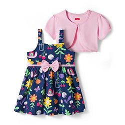Babyhug Single Jersey Knit Floral Printed Frock with Half Sleeves Shrug & Bow Applique - Pink & Navy Blue