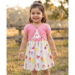 Babyhug Cotton Knit Half Sleeves Floral Printed Frock With Shrug - Pink & White