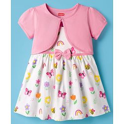 Babyhug Cotton Knit Half Sleeves Floral Printed Frock With Shrug - Pink & White