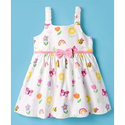 Babyhug Cotton Knit Half Sleeves Floral Printed Frock With Shrug - Pink & White