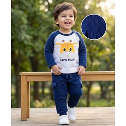 Babyhug Terry Knit Full Raglan Sleeves T-Shirt & Lounge Pant Set With Giraffe Print - White & Navy Blue
