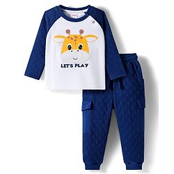 Babyhug Terry Knit Full Raglan Sleeves T-Shirt & Lounge Pant Set With Giraffe Print - White & Navy Blue