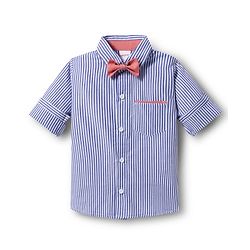 Babyhug 100% Cotton Woven Full Sleeves Striped Shirt & Pant Set With Bow & Suspender - Blue & Pink