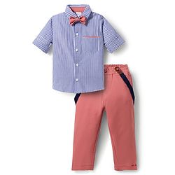 Babyhug 100% Cotton Woven Full Sleeves Striped Shirt & Pant Set With Bow & Suspender - Blue & Pink