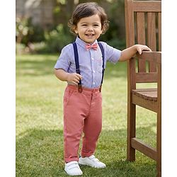 Babyhug 100% Cotton Woven Full Sleeves Striped Shirt & Pant Set With Bow & Suspender - Blue & Pink