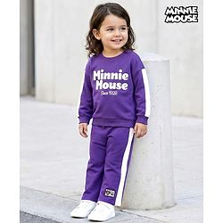Babyhug Disney Terry Full Sleeves Drop Shoulder T-Shirt and Trackpant with Minnie Mouse Graphics - Purple