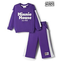 Babyhug Disney Terry Full Sleeves Drop Shoulder T-Shirt and Trackpant with Minnie Mouse Graphics - Purple