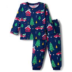 Babyhug Cotton Knit Full Sleeves Co-ords Night Suit With Christmas Tree Print  - Navy Blue