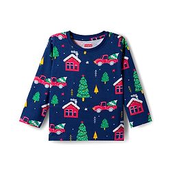 Babyhug Cotton Knit Full Sleeves Co-ords Night Suit With Christmas Tree Print  - Navy Blue