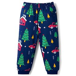 Babyhug Cotton Knit Full Sleeves Co-ords Night Suit With Christmas Tree Print  - Navy Blue