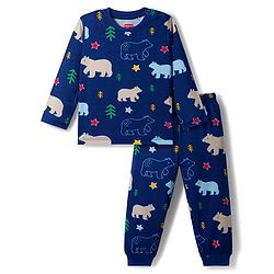 Babyhug Cotton Knit Full Sleeves Co-ords Night Suit With Animal Print - Navy Blue