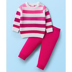 Babyhug Knitted Full Sleeves Striped Sweater Set - Dark Pink & White