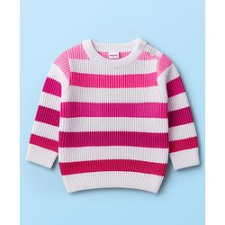 Babyhug Knitted Full Sleeves Striped Sweater Set - Dark Pink & White