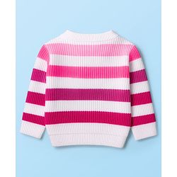 Babyhug Knitted Full Sleeves Striped Sweater Set - Dark Pink & White