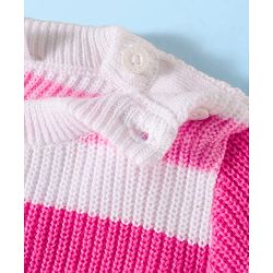 Babyhug Knitted Full Sleeves Striped Sweater Set - Dark Pink & White