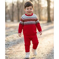 Babyhug Knit Full Sleeves Pullover Sweater Set with Stripes & Zig Zag Design - Red & White