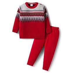 Babyhug Knit Full Sleeves Pullover Sweater Set with Stripes & Zig Zag Design - Red & White
