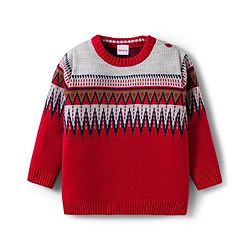 Babyhug Knit Full Sleeves Pullover Sweater Set with Stripes & Zig Zag Design - Red & White
