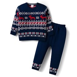 Babyhug Knit Full Sleeves Pullover Sweater Set with Snow Flakes & Reindeer  Design - Navy Blue