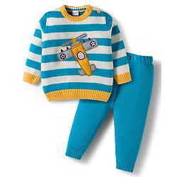 Babyhug Knitted Full Sleeves Sweater Set With Airplane Embroidery - Blue & Yellow