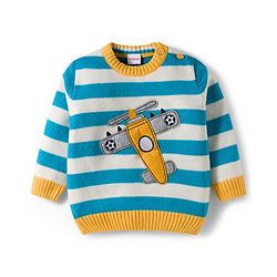 Babyhug Knitted Full Sleeves Sweater Set With Airplane Embroidery - Blue & Yellow