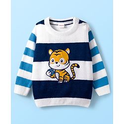Babyhug Knit Full Sleeves Sweater Set with Stripes & Tiger Patch - White & Navy Blue