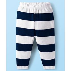 Babyhug Knit Full Sleeves Sweater Set with Stripes & Tiger Patch - White & Navy Blue