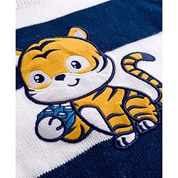 Babyhug Knit Full Sleeves Sweater Set with Stripes & Tiger Patch - White & Navy Blue