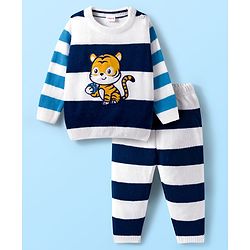 Babyhug Knit Full Sleeves Sweater Set with Stripes & Tiger Patch - White & Navy Blue