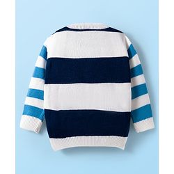 Babyhug Knit Full Sleeves Sweater Set with Stripes & Tiger Patch - White & Navy Blue