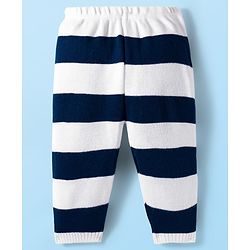 Babyhug Knit Full Sleeves Sweater Set with Stripes & Tiger Patch - White & Navy Blue